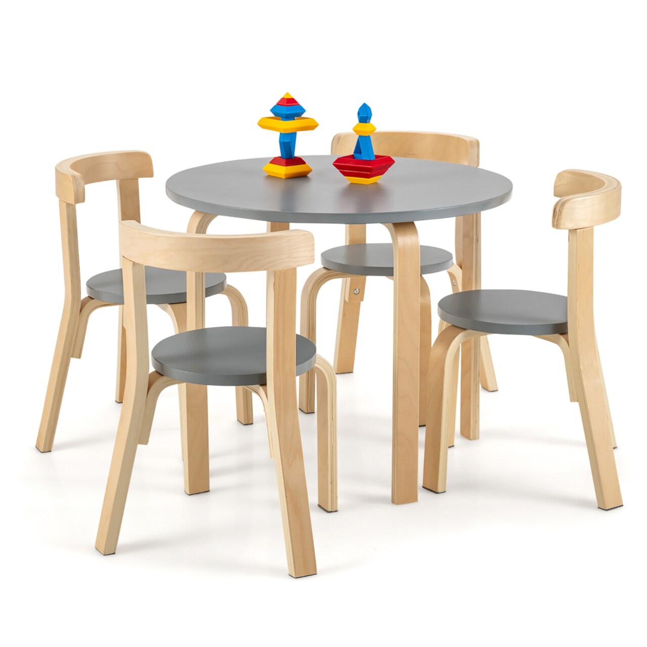 5-Piece Kids Wooden Curved Back Activity Table And Chair Set W/Toy Bricks